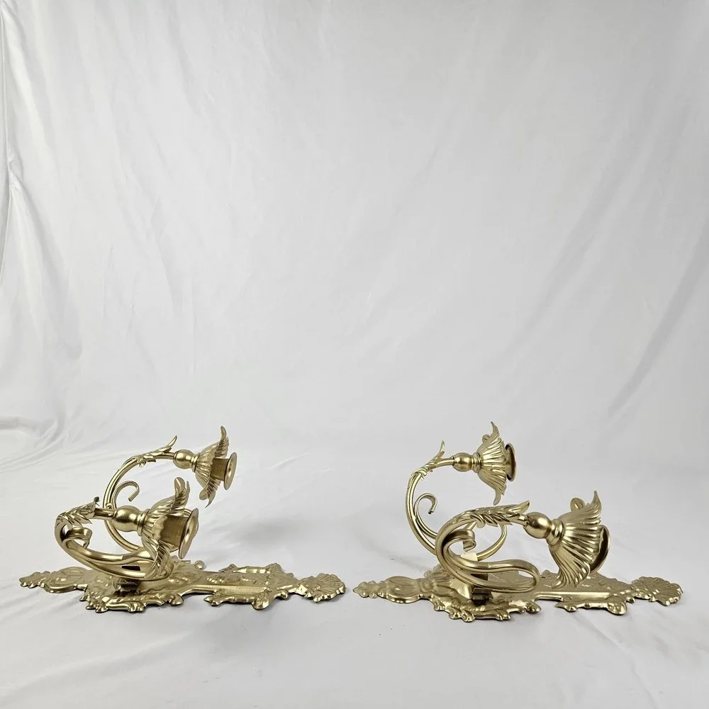 Hollywood Regency Candle Wall Sconces Double Arm Ornate Gold Cast Metal Louis XV
